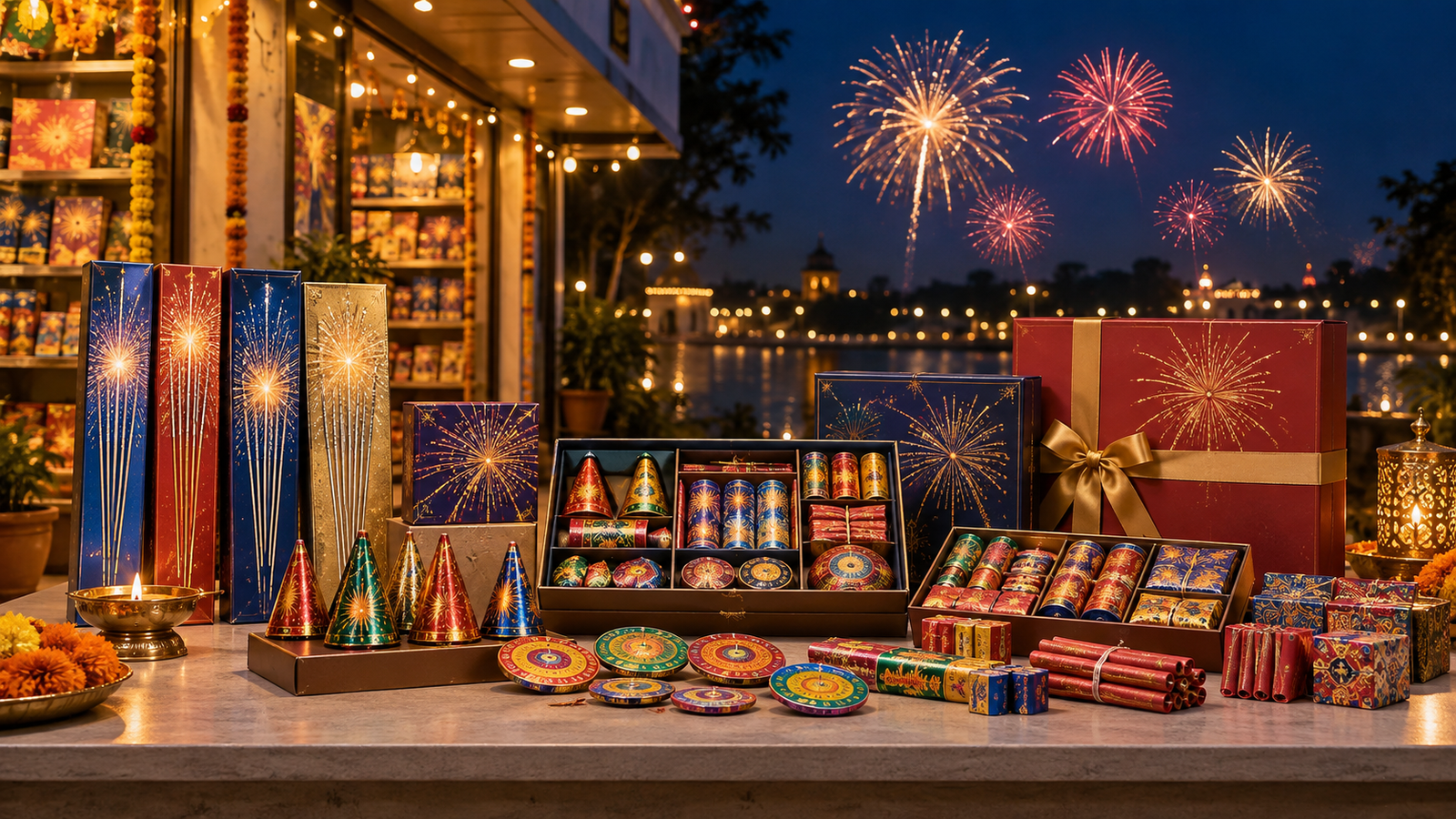 Premium fireworks store and festive family packs template preview